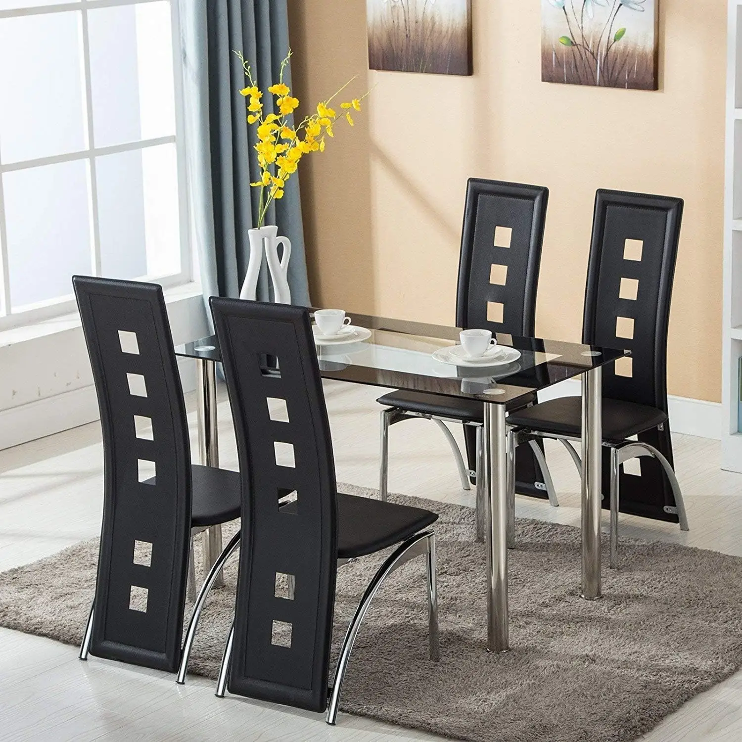 

Dining Room Table Set, 5 Piece Glass Kitchen Table and Leather Chairs Kitchen Furniture(Black)