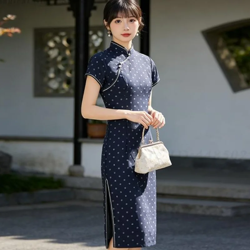 Modified Qipao New Short Sleeve Mid Length Slim Fit Cheongsam Republic of China Retro Chinese Style Young Ladies Vestidos Dress