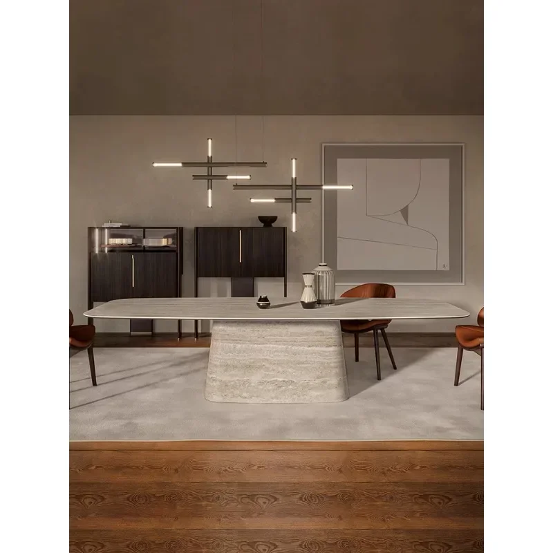 

Travertine rock slab dining table and chairs modern simple household small apartment 2024 new restaurant rectangular