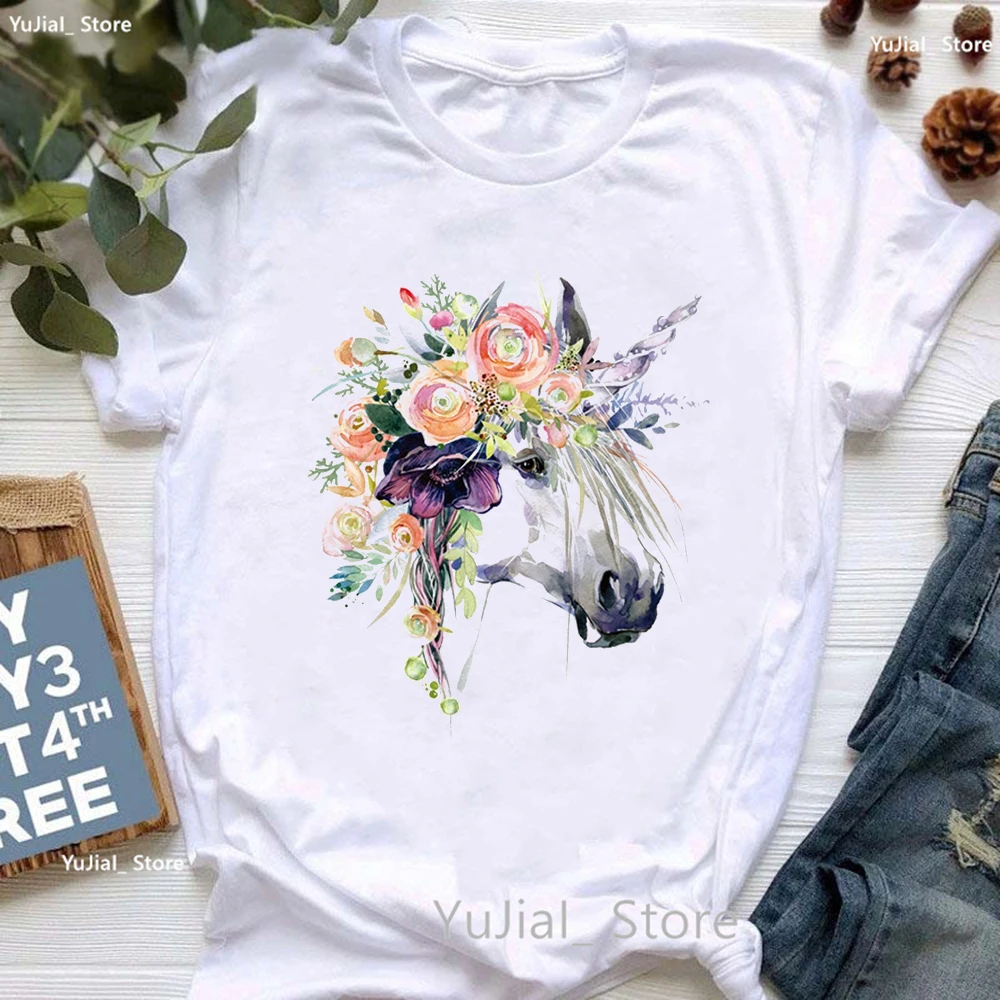 Watercolor Unicorn Flowers Print T Shirt Girls Kawaii Dolphin Dog Tshirt Women Summer Tops Fashion Short Sleeve T-Shirt Female