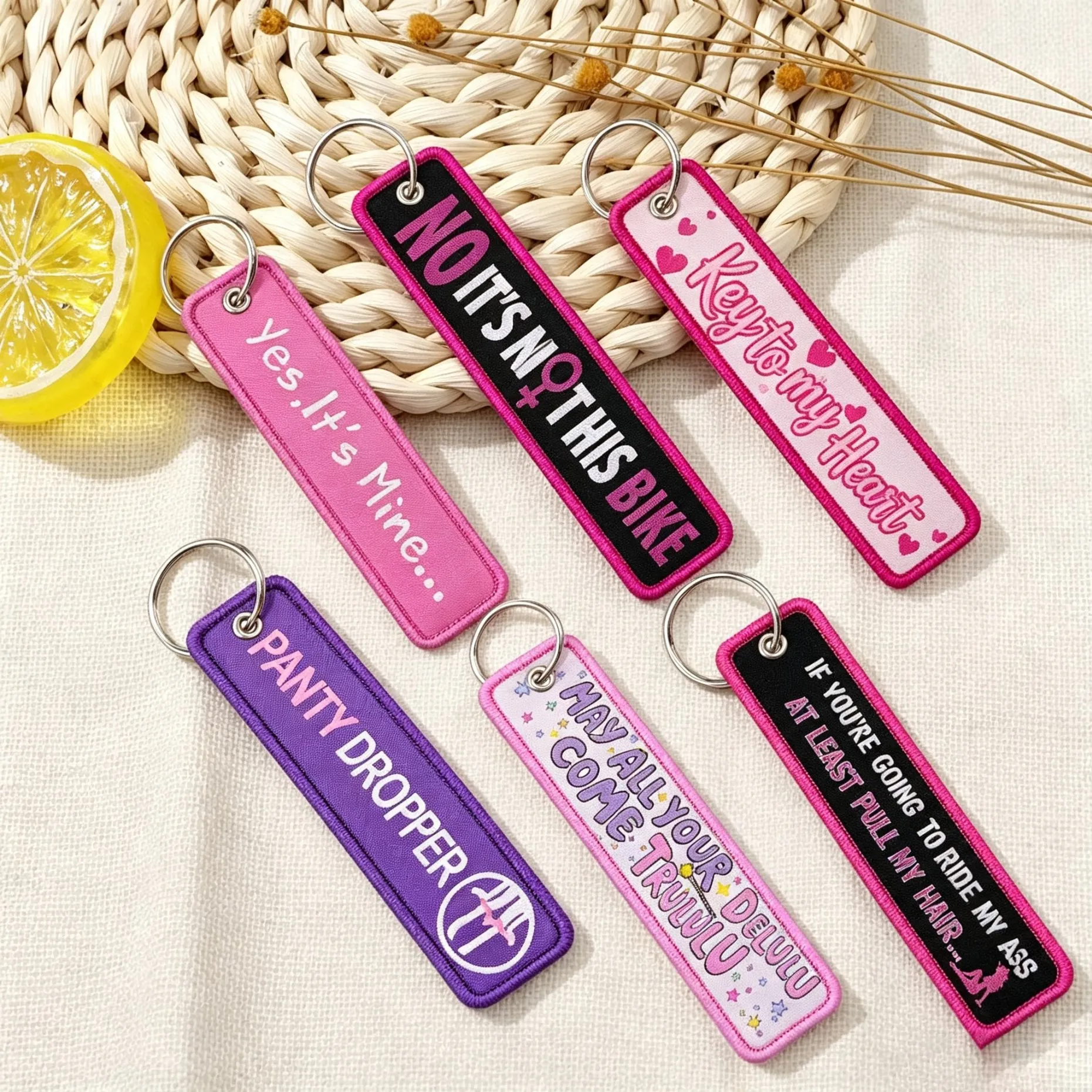 Warning Quotes Embroidery Key Fobs Biker Key Tags Keychains for Women Men Car Keyring Cosplay Accessories Chaveiro Gift
