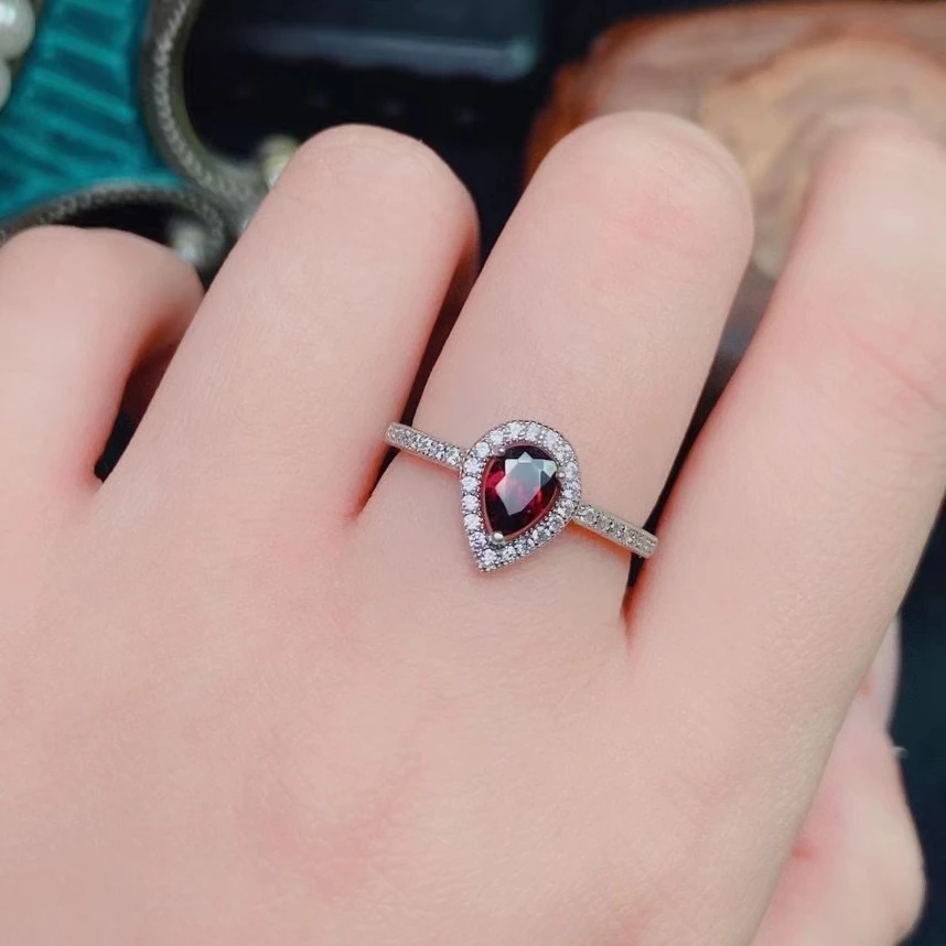 

Classic Sterling Silver Garnet Ring for Daily Wear 4mm*6mm Pear Cut Natural Garnet Silver Ring January Birthstone