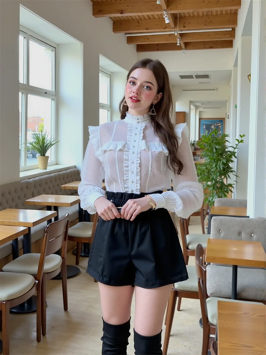 Black Woolen Wide Leg Shorts Womens Pleated Skort Women Chic Office Lady Elegant Button Ruffle Slimming Fashion Cute Preppy Blue