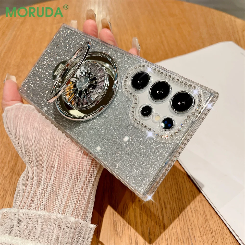 Gyroscope Ring Holder Magnetic Case for Samsung Galaxy S22 S23 S24 Ultra Plus A52 A53 A54 A73 A15 Shiny Glitter Diamond Cover