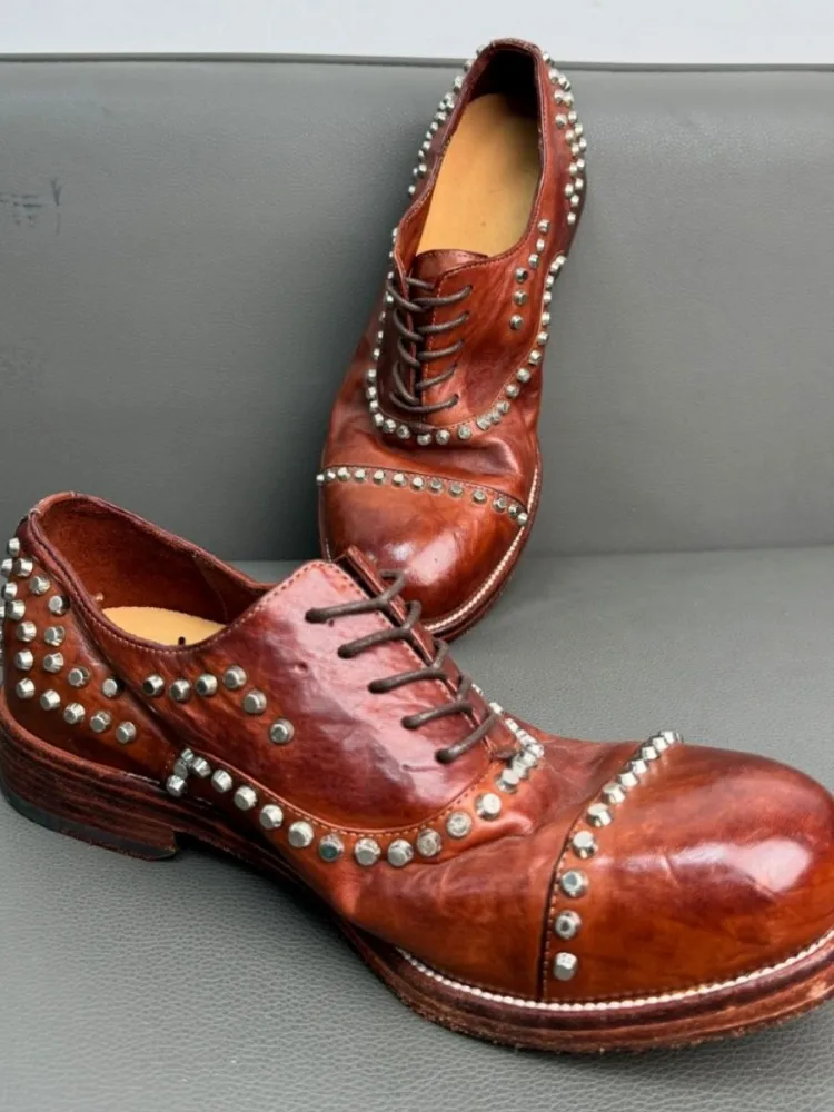 Fashion Mens Rivets Horsehide Genuine Leather Dress Shoes Lace Up Low Cut Wedding Party Formal Shoes Vintage Punk Style Footwear