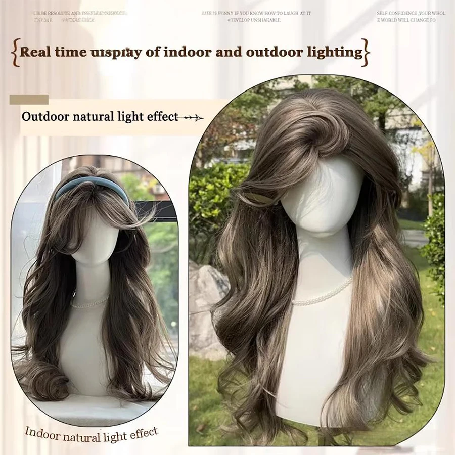 24 Inch Mint Brown Synthetic Hair Wig Women's Long Hair Middle Part Bangs Long Wavy Hairs for Women Daily Cosplay Heat Resistant