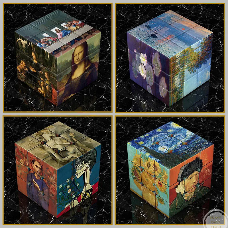 World Painting Monet Van Gogh Picasso Starry Sky Mona Lisa on The Rubik's Cube Poster Canvas Painting Wall Art Living Room Decor