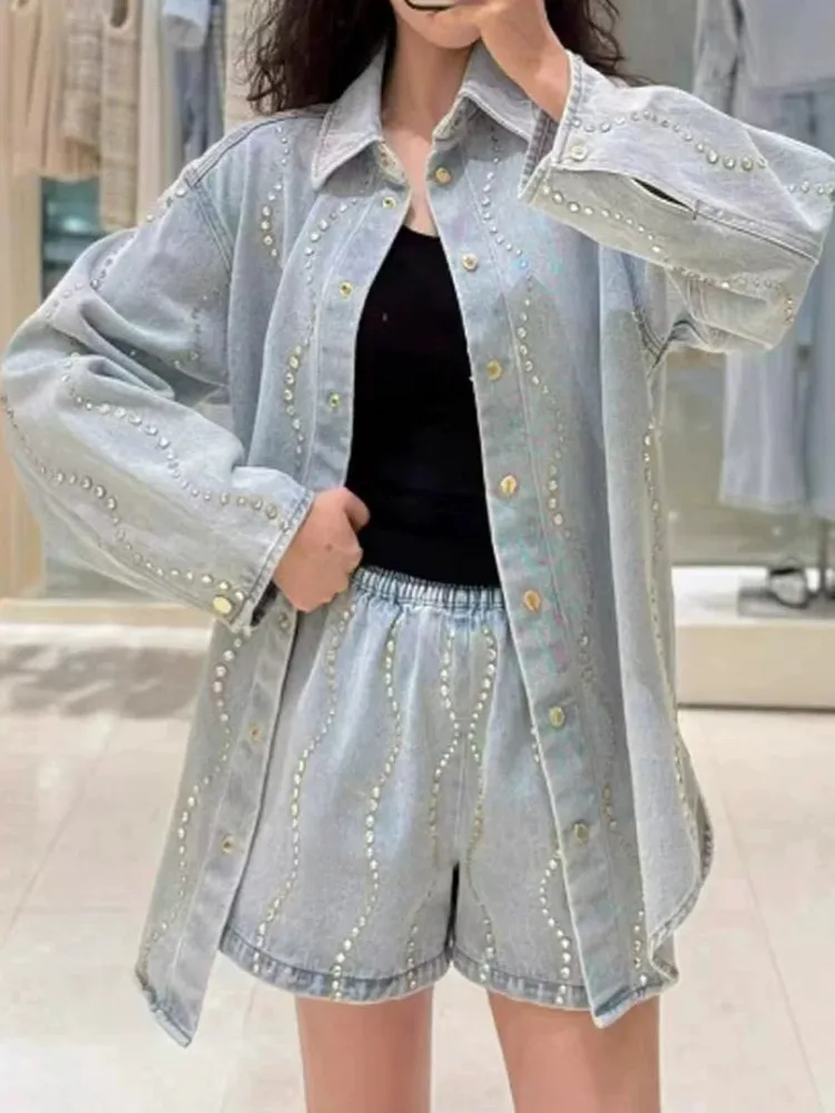 

Faionable Loose Denim Jaet orts Wide Leg Pants Set Heavy Rhinestone Decorated Spring Summer New Arrival Women's Clothing