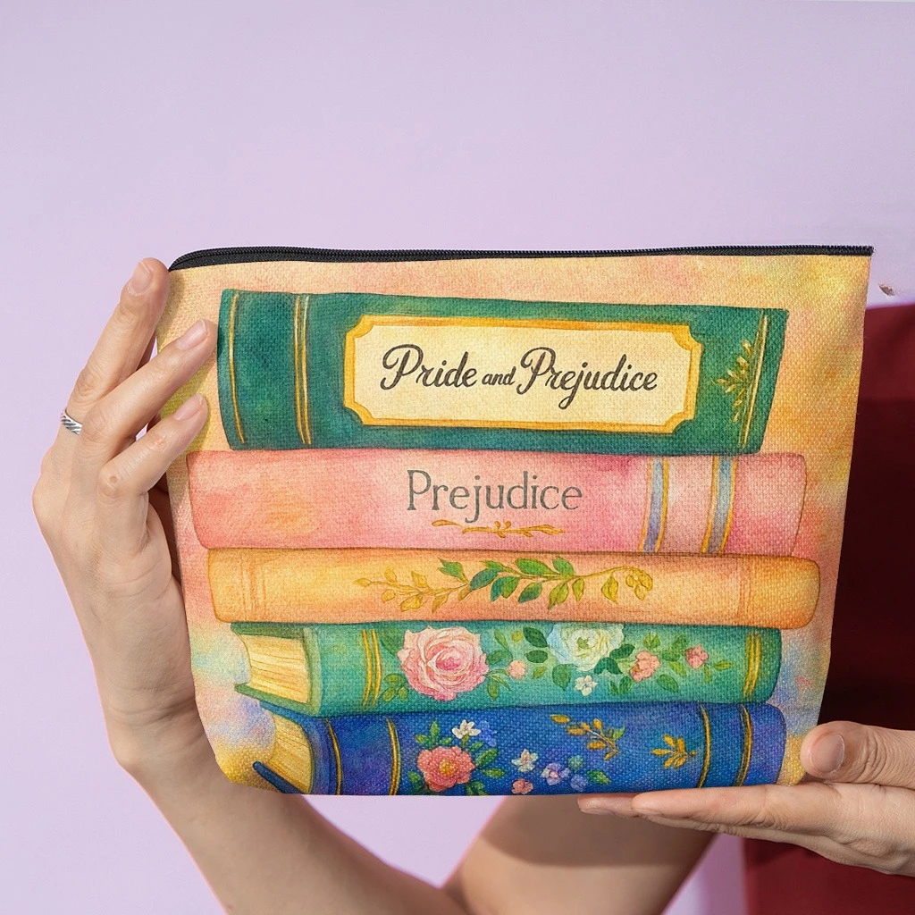 Cosmetic Bag 1pc, Stacked Copies of Pride and Prejudice, Stylish Zippered Wallets, Work Snack Bags, Skincare Product Organizers