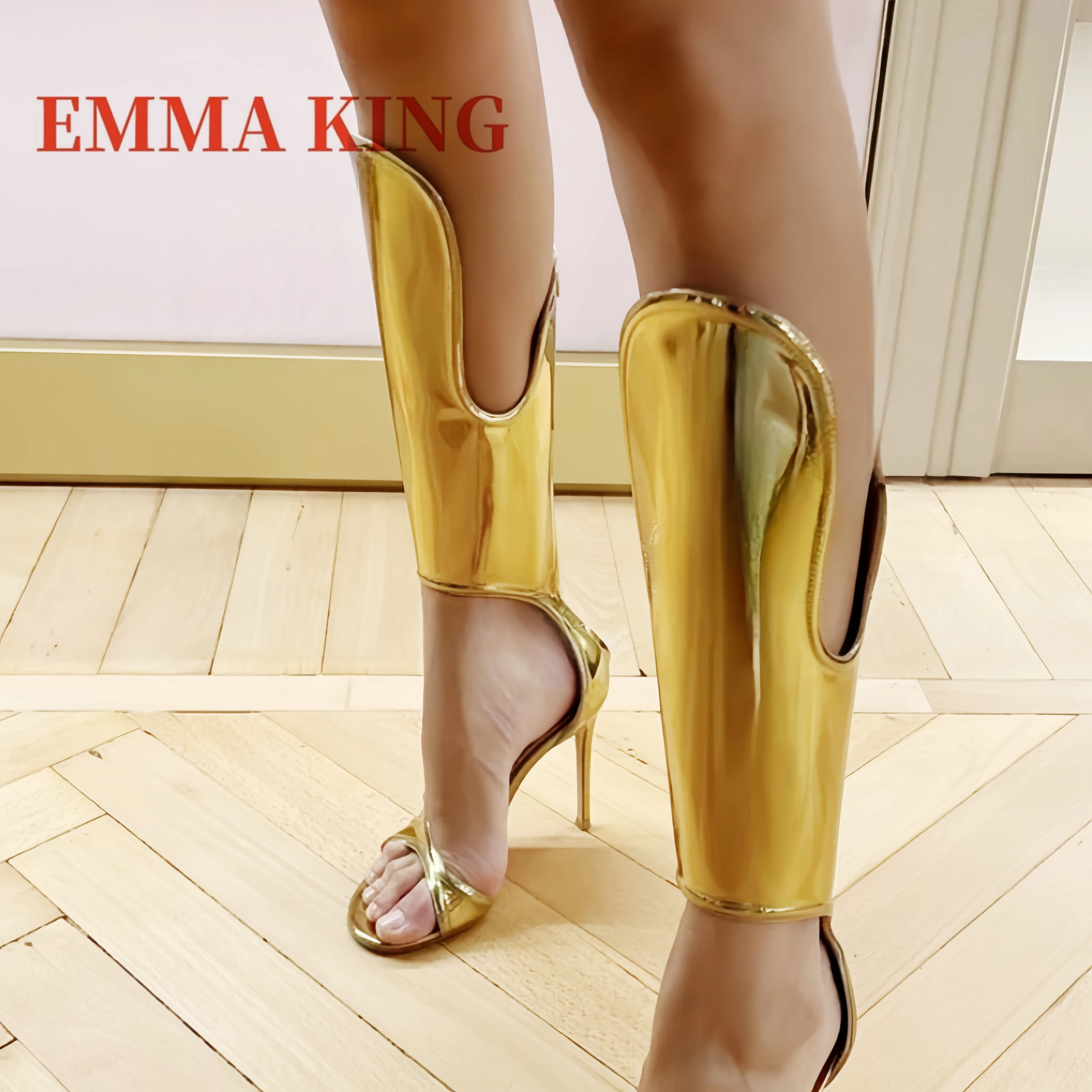 

Golden Metallic Leather High Heel Sandals Boots Sexy Peep Toe Stiletto Heels Rome Boots Summer Women Shiny Catwalk High Heels
