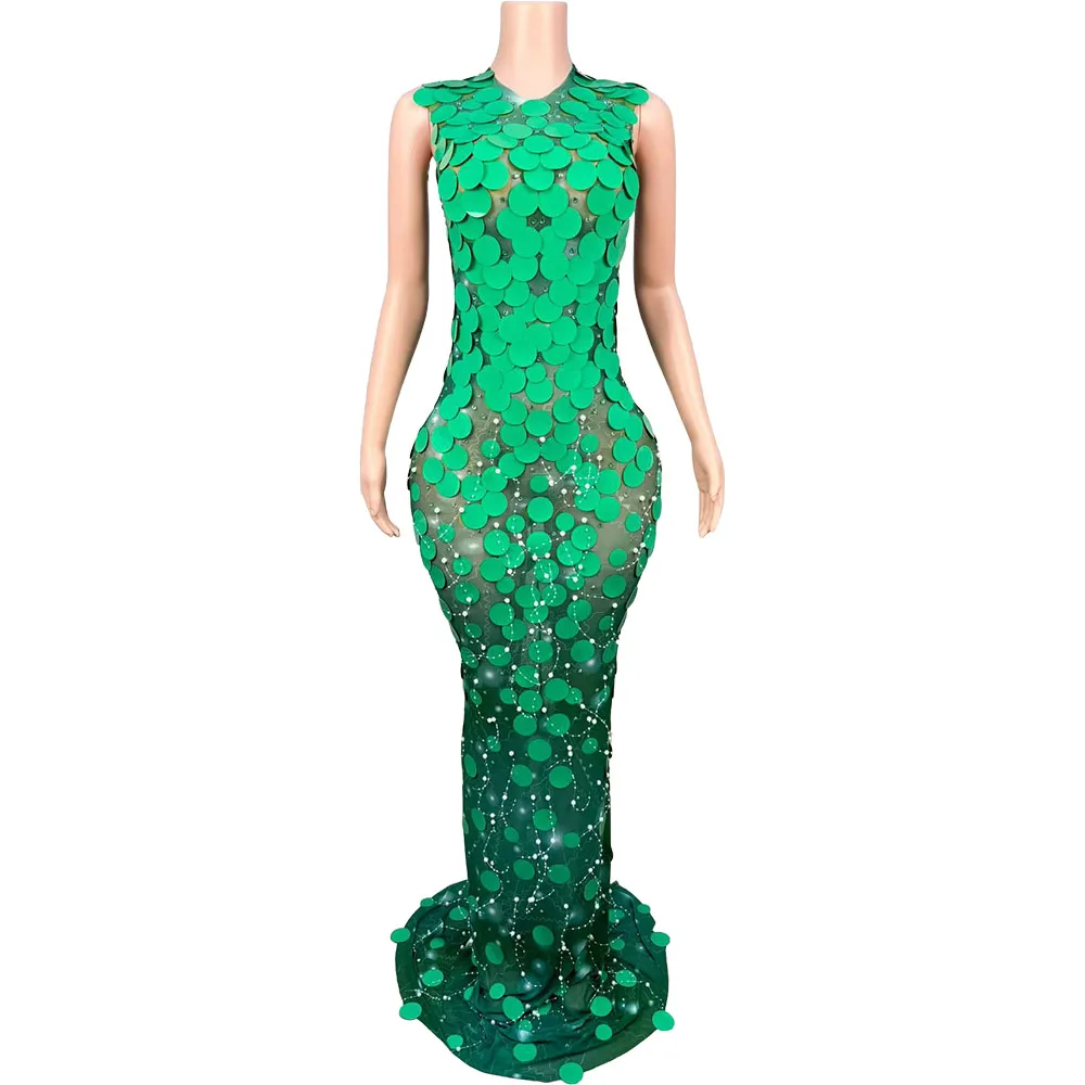 

Luxury Green Large Round Sequin Mesh Mermaid Maxi Dress Women Sleeveless See Through Bodycon Singer Performance Stage Wear