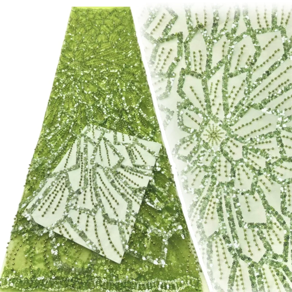 

Green Luxury French Tulle Net Lace with Sequins Beads 2025 African Nigerian Embroidered Lace Fabric Lace Fabric for Sewing C1208
