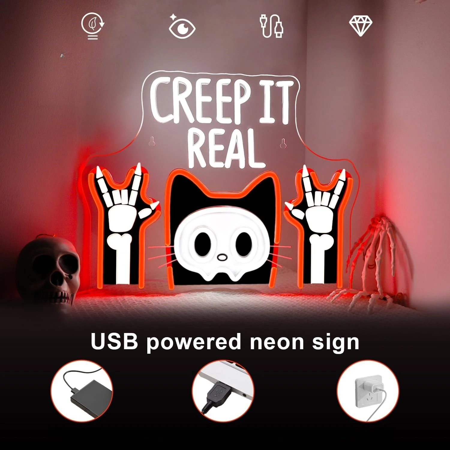 ป้ายไฟนีออนรูปหัวกะโหลกแมว Creep It Real ไฟ LED ปรับความสว่างได้ สำหรับตกแต่งผนังงานปาร์ตี้ธีมฮาโลวีนสุดหลอน ใช้พลังงานจาก USB