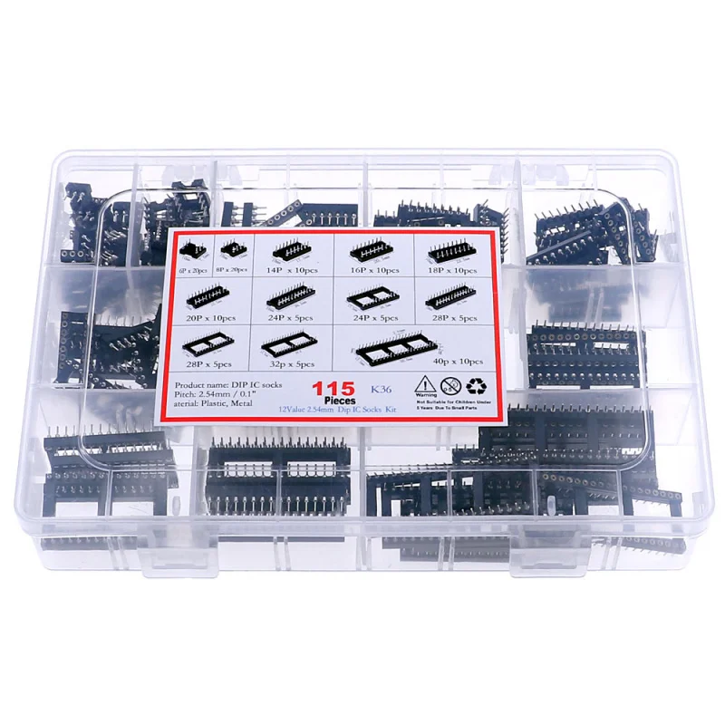 115Pcs 12Value Round Hole Ic Socket Assorted Kit Connector DIP6 DIP8 DIP14 DIP16 DIP18 DIP20 DIP24 DIP28 DIP40 Pin Sockets