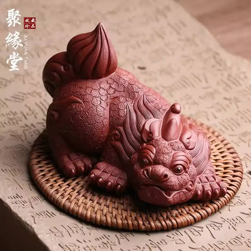 Yixing Purple Clay Pet Figurine, Fortune-Attracting Pixiu, By Famous Artist Jin Qing, Pure Handmade Accessory, Premium Quality,
