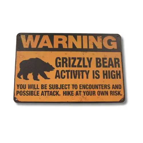 Letrero de estaño de advertencia de oso Grizzly, decoración rústica nacional de vida silvestre