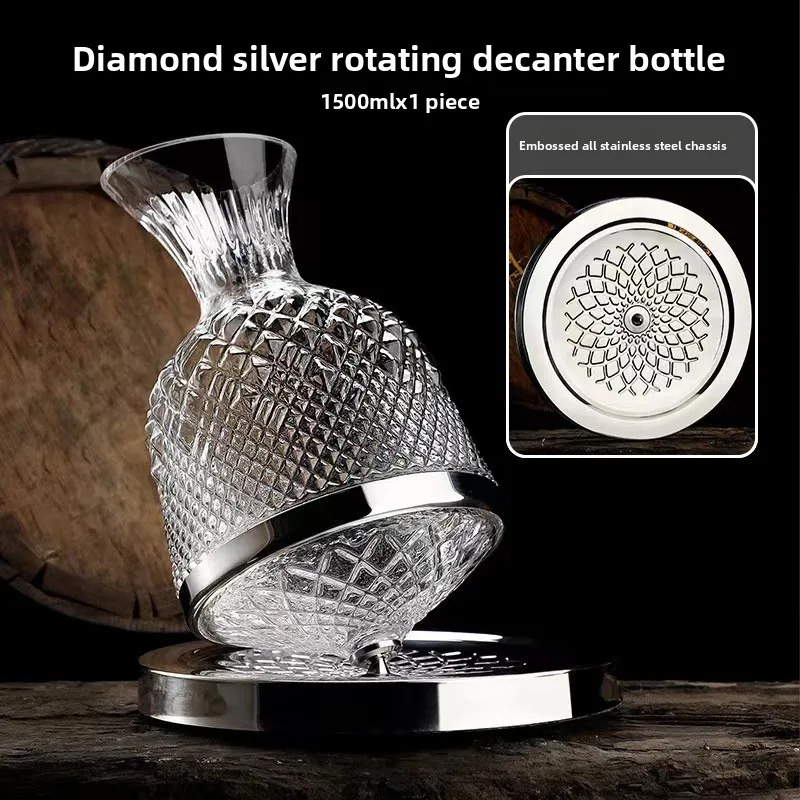 Luxury Diamond Pattern Wine Decanter 1500ml Gold Rotating Base Crystal Wine Aerator Home Bar Collection Ornament