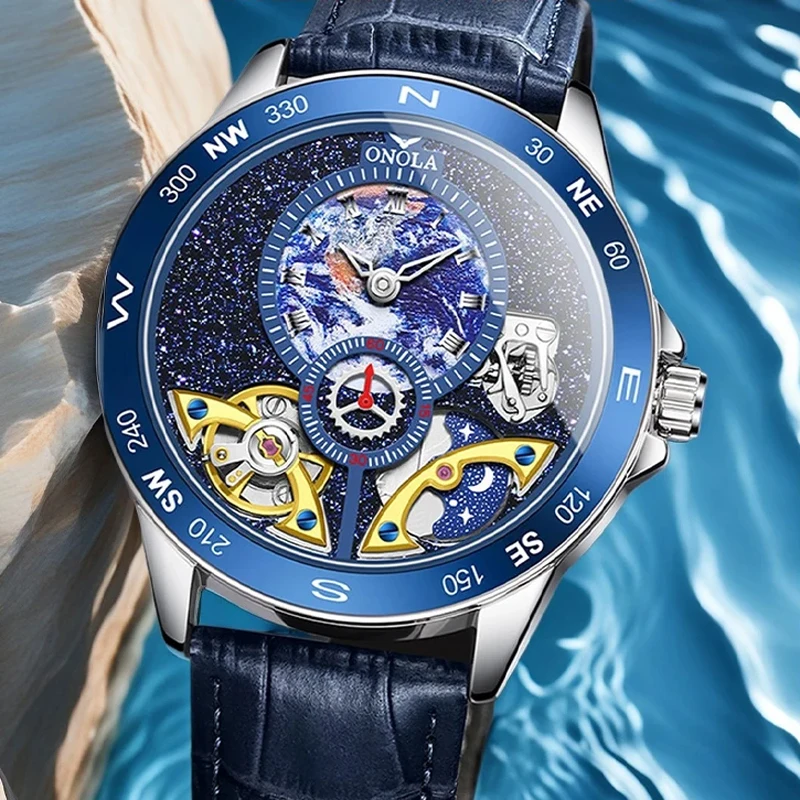 جديد فاخر مزدوج توربيون ساعة ميكانيكية رجال الأعمال جلدية السماء المرصعة بالنجوم الهاتفي مقاوم للماء الرجال ساعة أوتوماتيكية الرجال على مدار الساعة #3