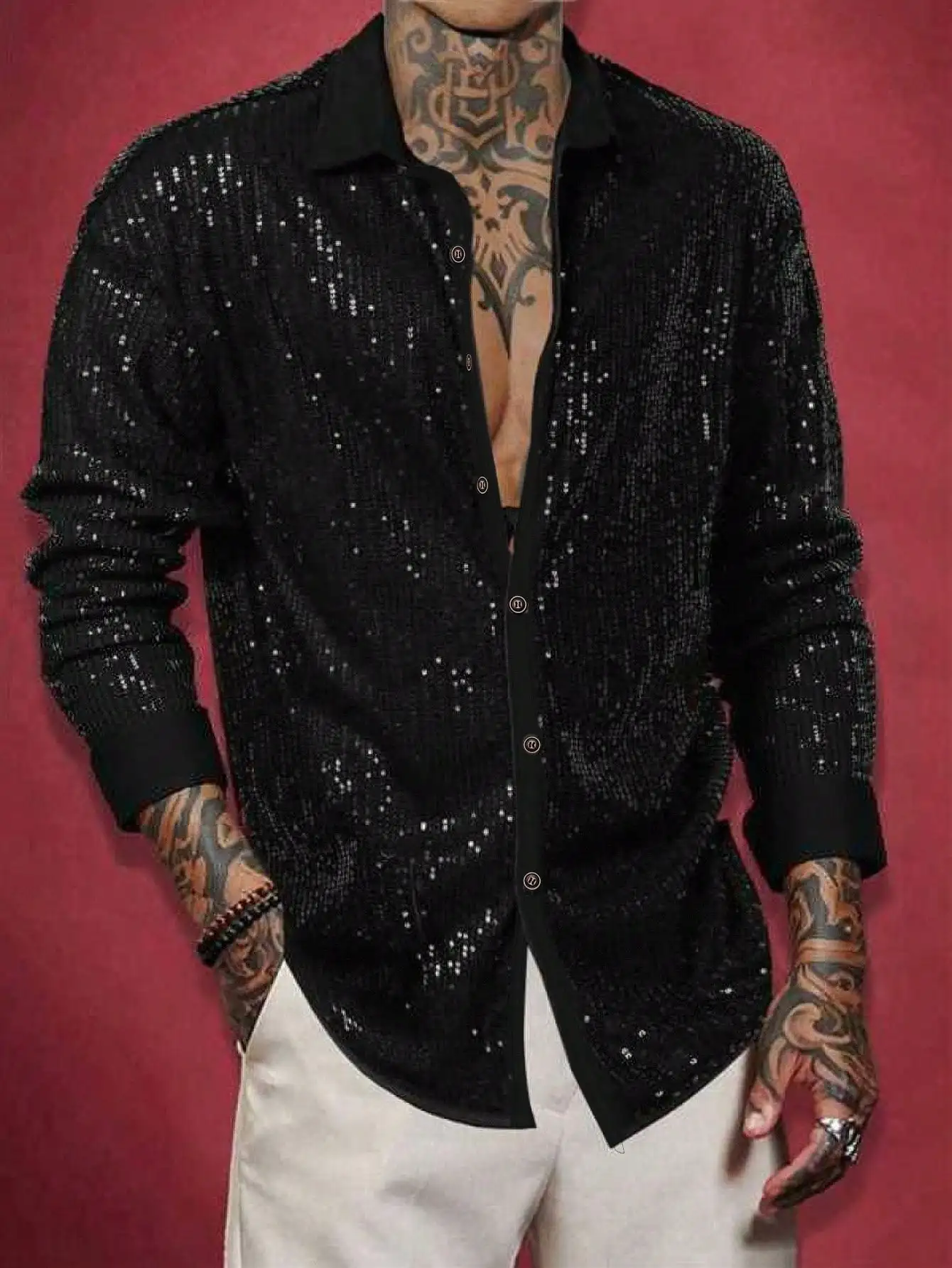 

Men's Black Sequin Embellished Long Sleeve Button-Up Shirt for Party