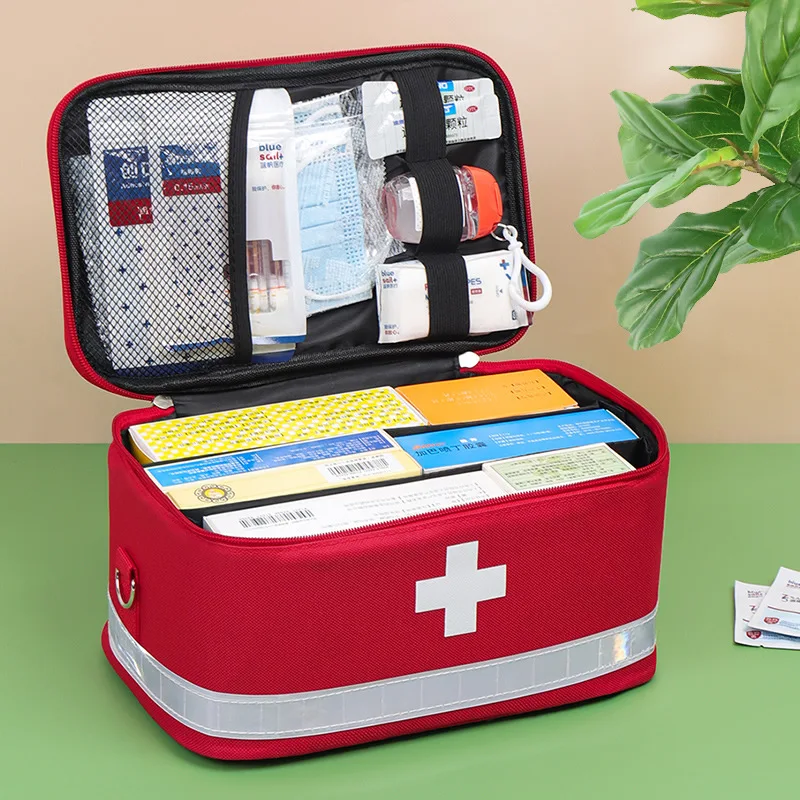 Portable Home Car First Aid Kit Bag Red Pouch with Reflective Strip Emergency Medical Travel Camping Hiking Outdoor Storage Bag