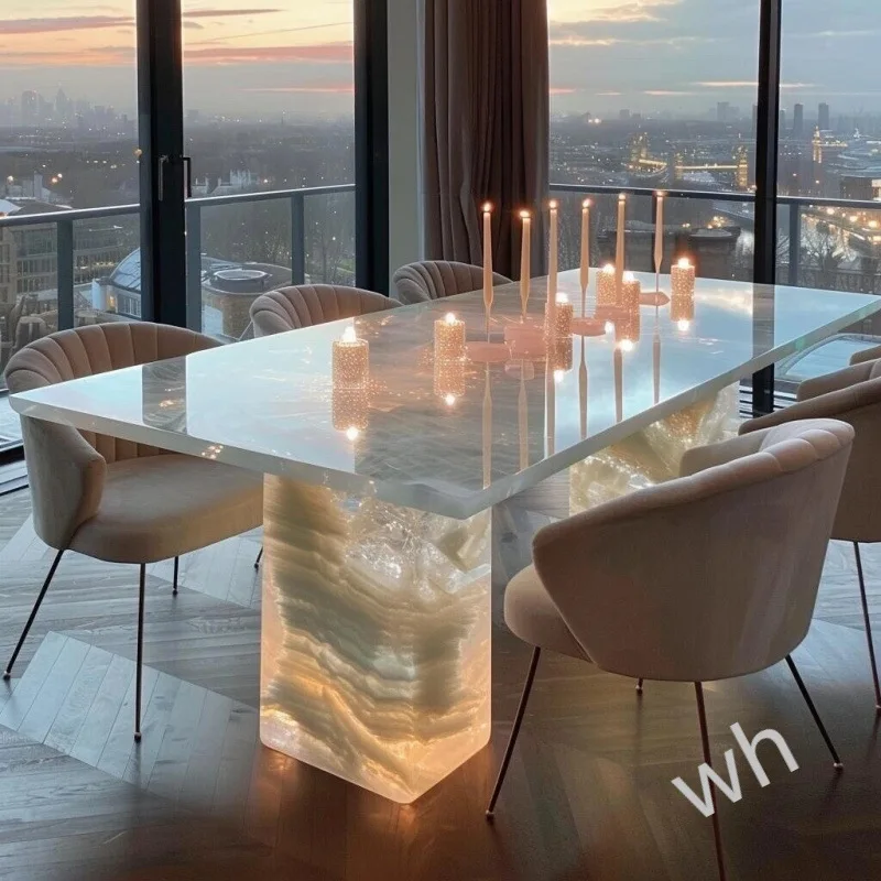 Dining table natural luxury stone rectangular pink island white jade light luxury high-end marble dining table