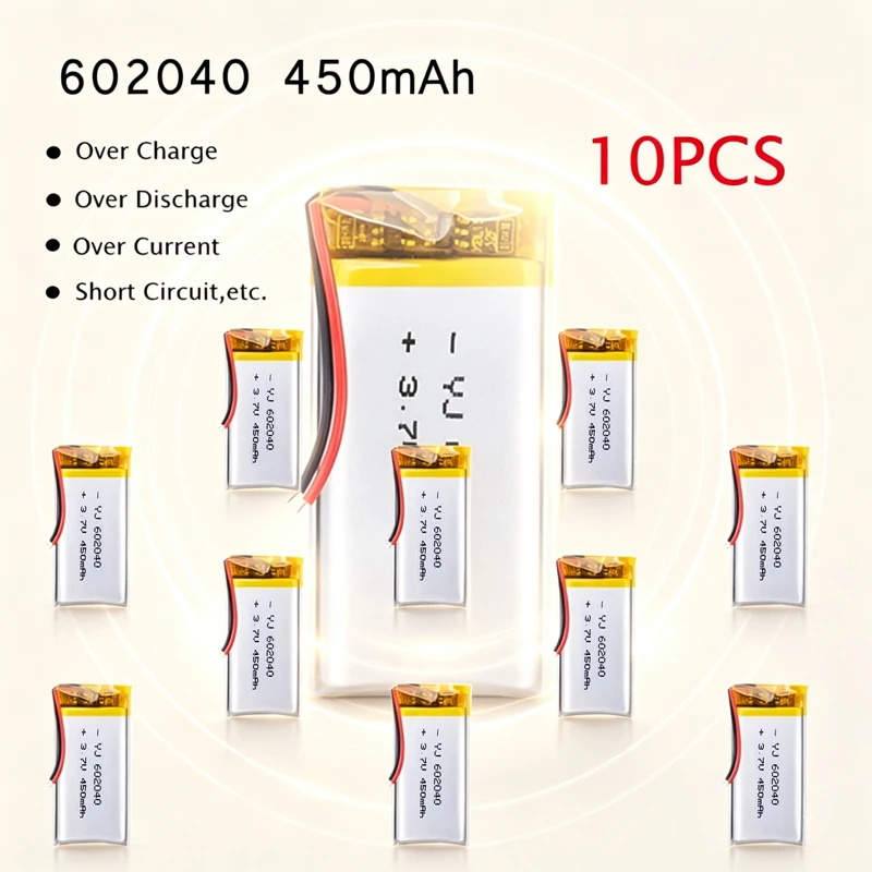 10pcs 3.7V 450mAh 602040 Lithium Ion Polymer Rechargeable Battery for GPS MP3 MP4 5 Car DVR Tachograph Headphone Li Po Batteries
