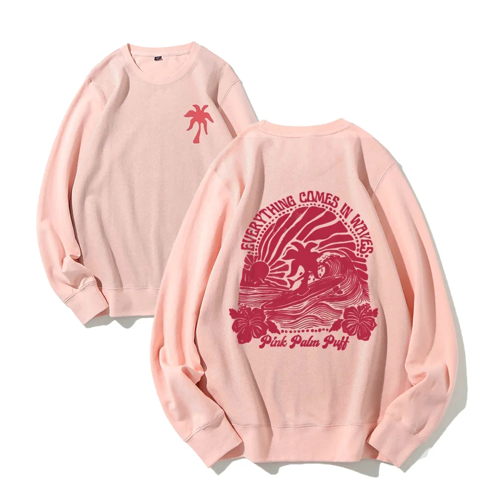 

Pink Palm Puff Vocation Crewneck Sweatshirt, Comfort Colorful Letters Sweatshirts Long Sleeve Loose Trendy Y2k Streetwear Shirt