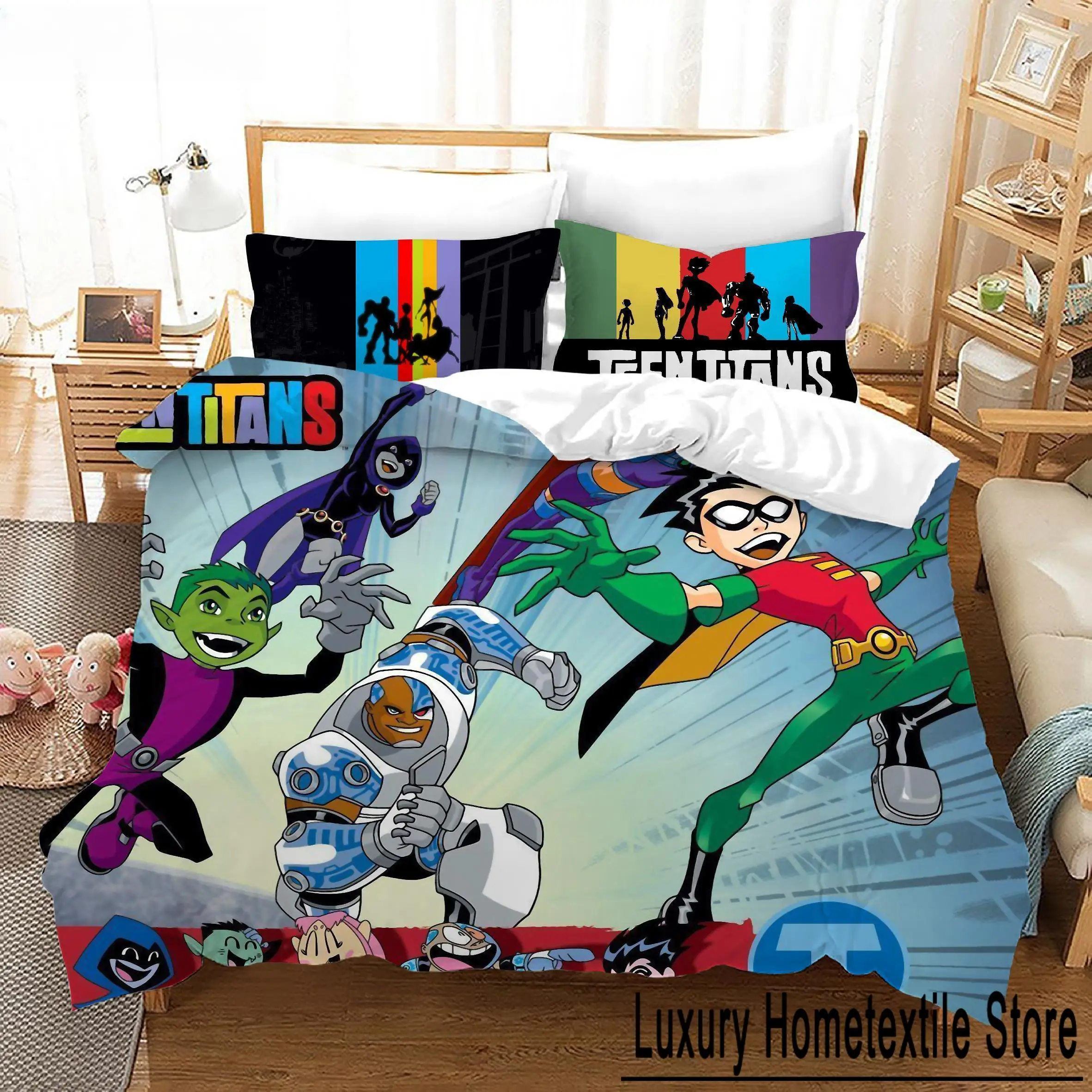 3D Teen Titans Go Bedding Sets Cartoon Quilt Bed Cover Duvet Cover Pillow Case 2-3 Pieces Sets Us_Europe_UK Size Adult Children