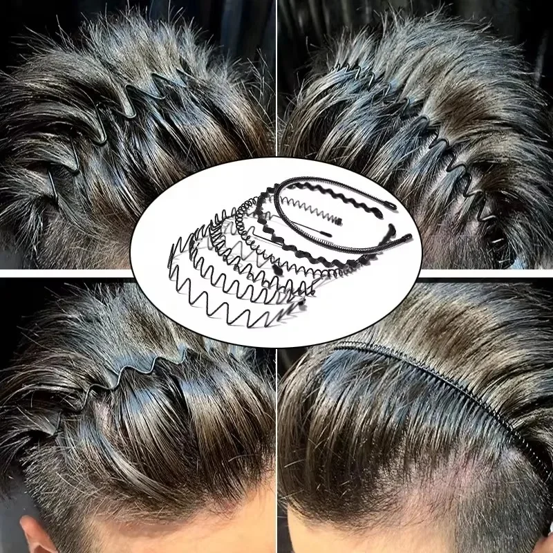 Image of Schwarzes Metall-Stirnband mit Wellenmuster für Männer und Frauen, Haarband, Kopfbänder, Sport-Stirnbänder, Haaraccessoires, Ponyhalter