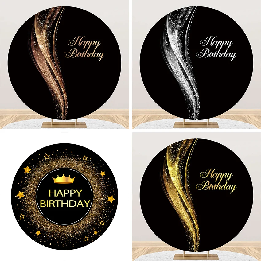 

Black and Gold Birthday Round Background Circle Backdrop for Adult Customize Photo Studio Banner Photocall Elastic Cover