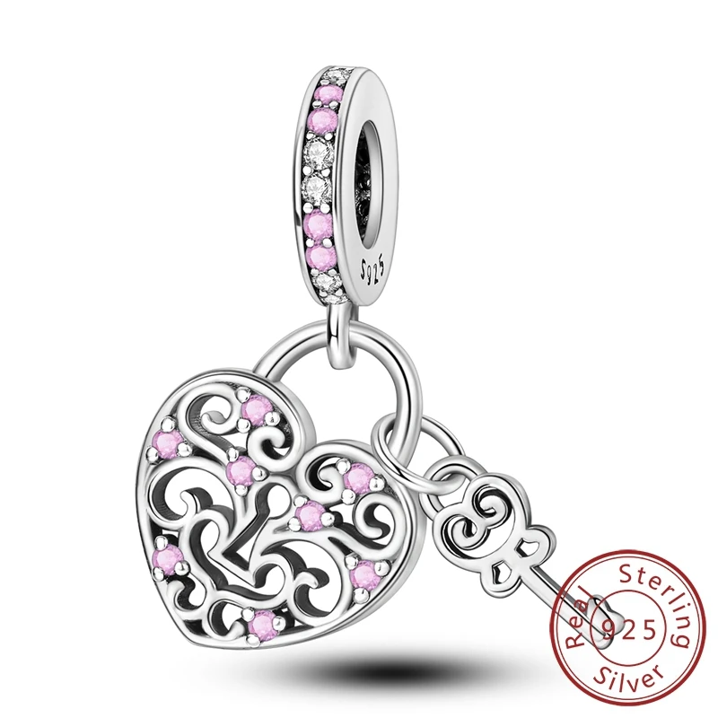 

925 Sterling Silver Charms Pink Love Lock Heart Pendant Fit 925 Original Bracelet Necklace DIY Gift For Women Party