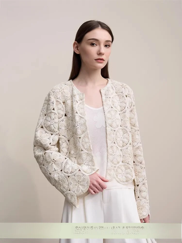 

Romantic Vaion Sle round Ne Hollow out Hook Flower Cotton Feel Jaet Women's Loose ort Length Spring New Arrival