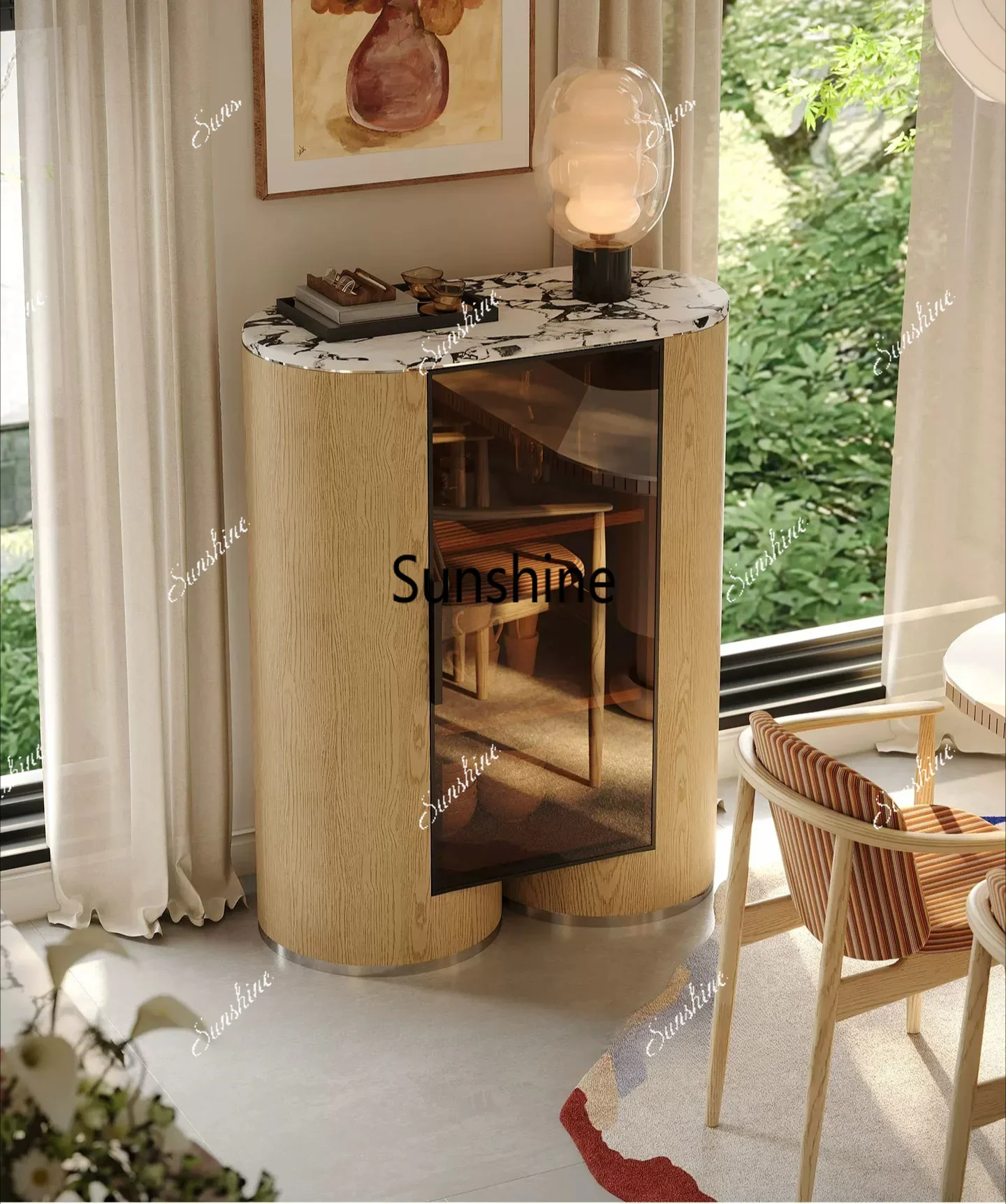 Living room light luxury glass display cabinet against the wall household retro wine cabinetT*
