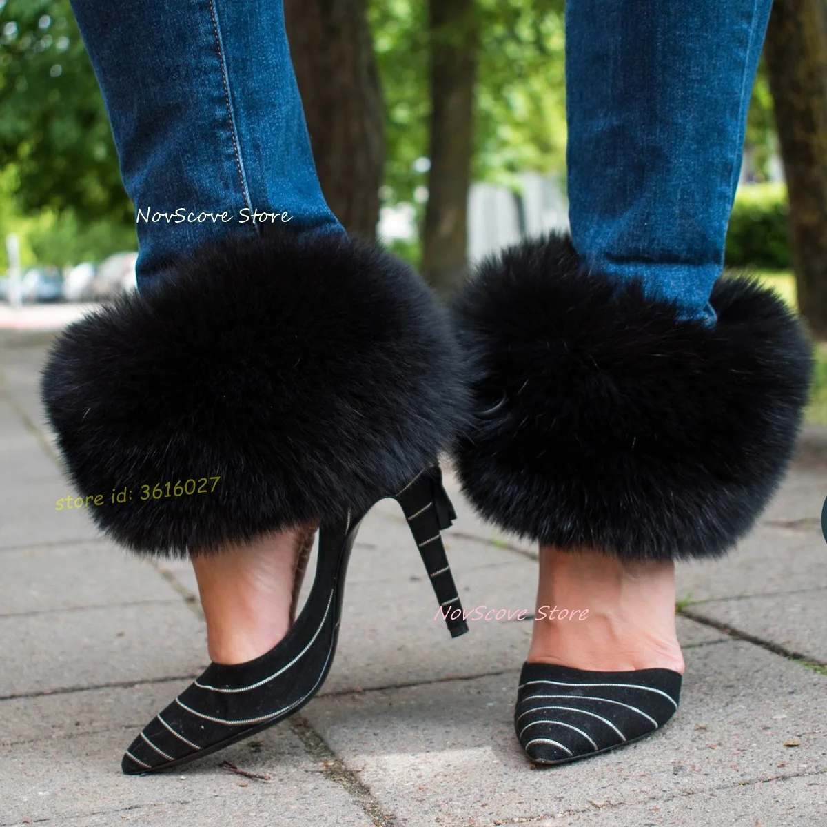 

Pointy Toe Striped Pumps Ankle Black Fur Wrapped Lace Up Stiletto High Heels Sandals Shallow Pump Mixed Color Sexy Women Shoes