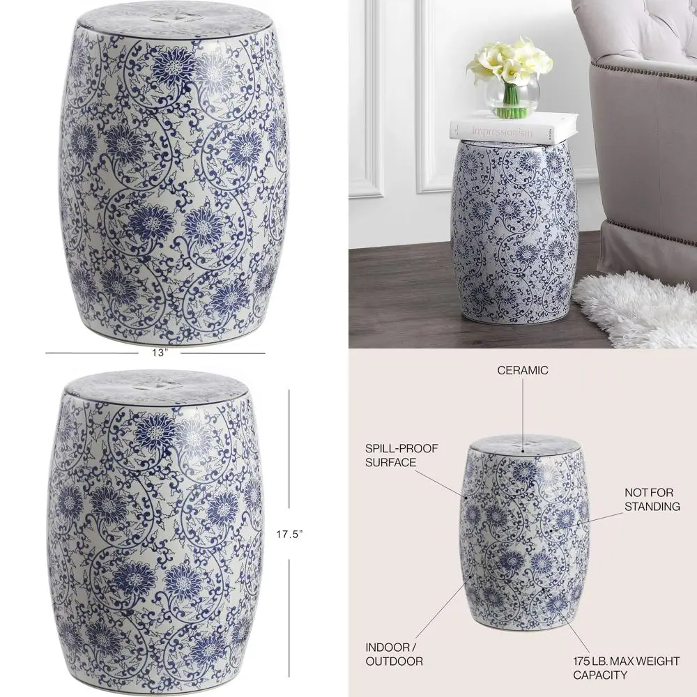 

jonathan y tbl1009a lotus blossom 17.5" chinoiserie ceramic drum indoor/outdoor garden stool bohemian, coastal, classic, cottage
