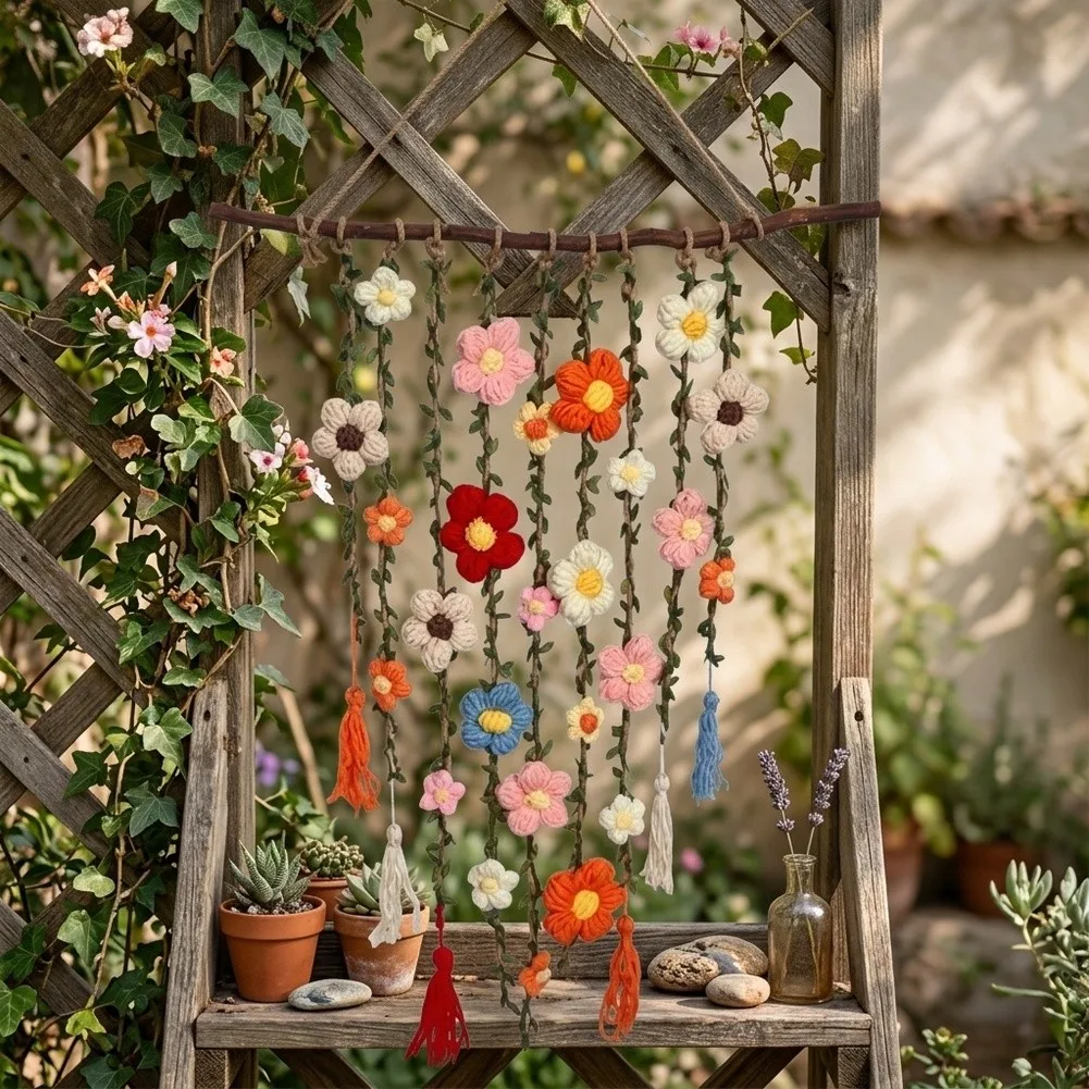 80*50cm Handmade Crochet Floral Vine Wall Hanging Green Fabric Macrame Decorations For Living Room Bedroom Boho Art