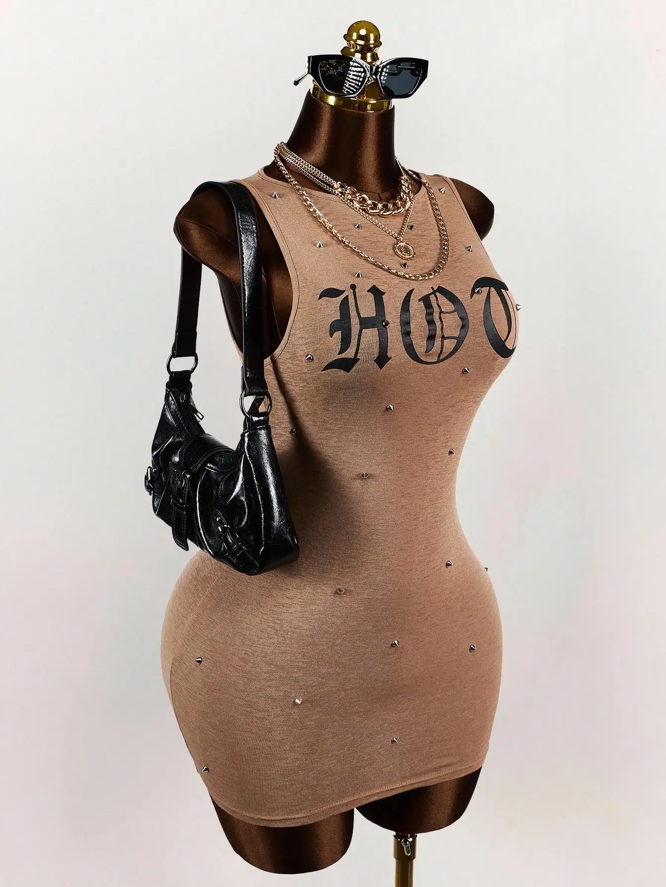 

Women's Bold Letter Print Rivet-Embellished Sleeveless Bodycon Mini Dress