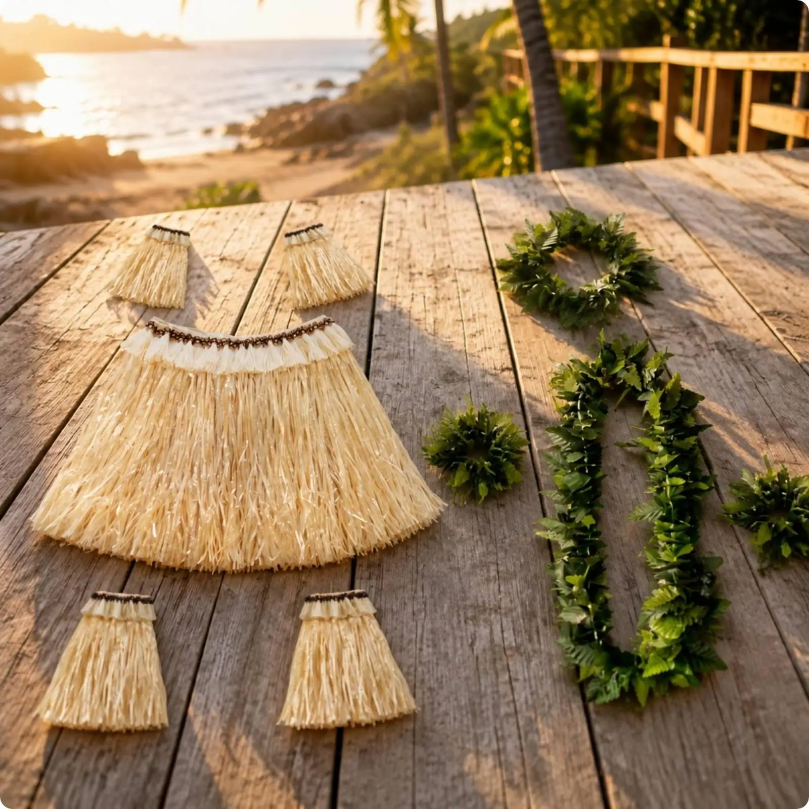 Hawaiian Dance Skirt with Hook Loop Waist and Arm Leg Bands for Island Theme Party Costume