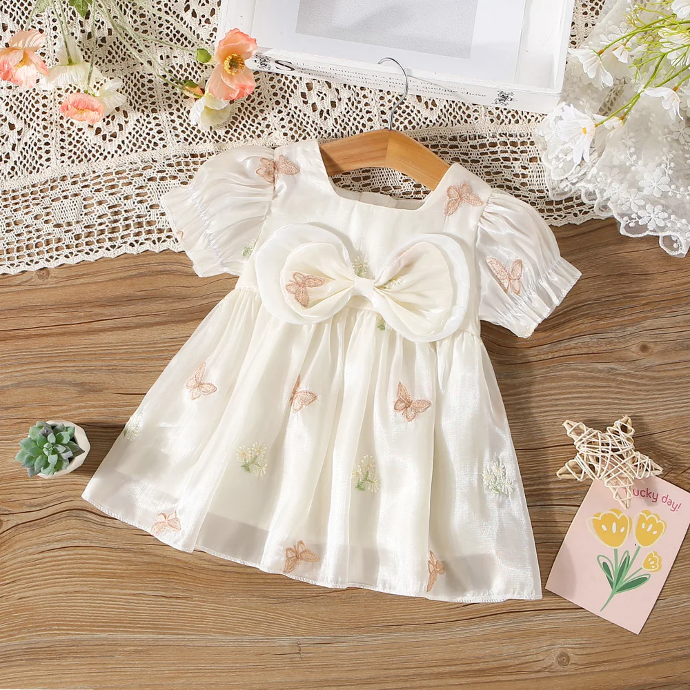 (0-3 Years Old) Summer Baby Girl Mesh Butterfly Embroidered Princess Dress Girl Bow Cute Short Sleeved Dress