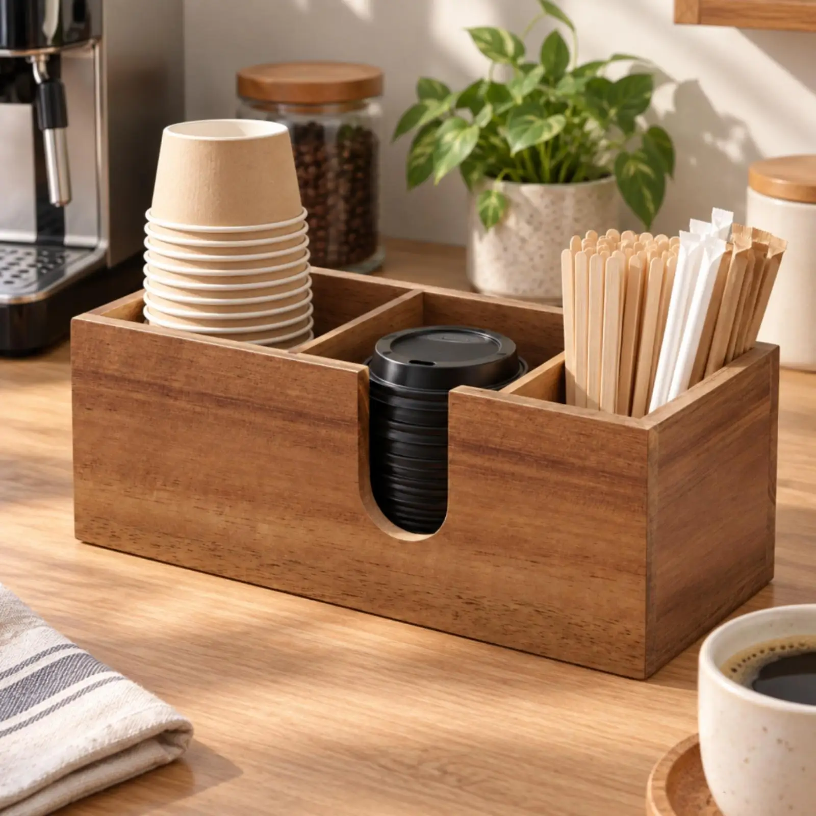 3-Compartment Coffee Bar Organizer Dark Brown Disposable Cup and Lid Organizer Rectangular Open-Top for Office, Parties