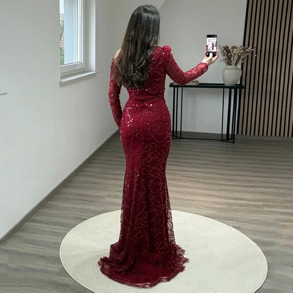 فستان حورية البحر الجديد مطرز بالترتر باللون العنابي للحفلات المسائية بكتف واحد وأكمام طويلة للحفلات الراقصة فساتين رسمية للولائم رداء السهرة #2