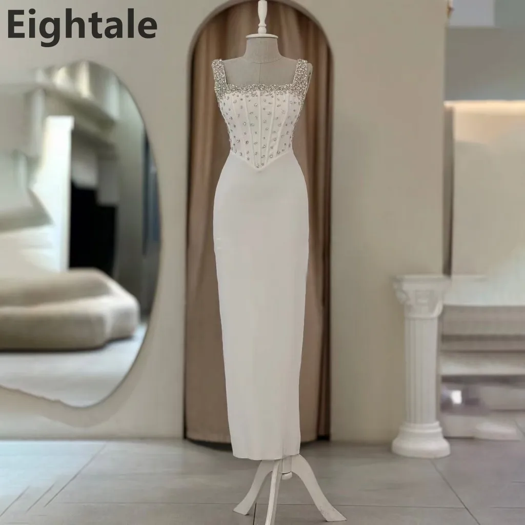 

Eightale 2025 White Mermaid Evening Dress For Wedding Party Beaded Prom Dress Saudi Arabic Party Gown Customized