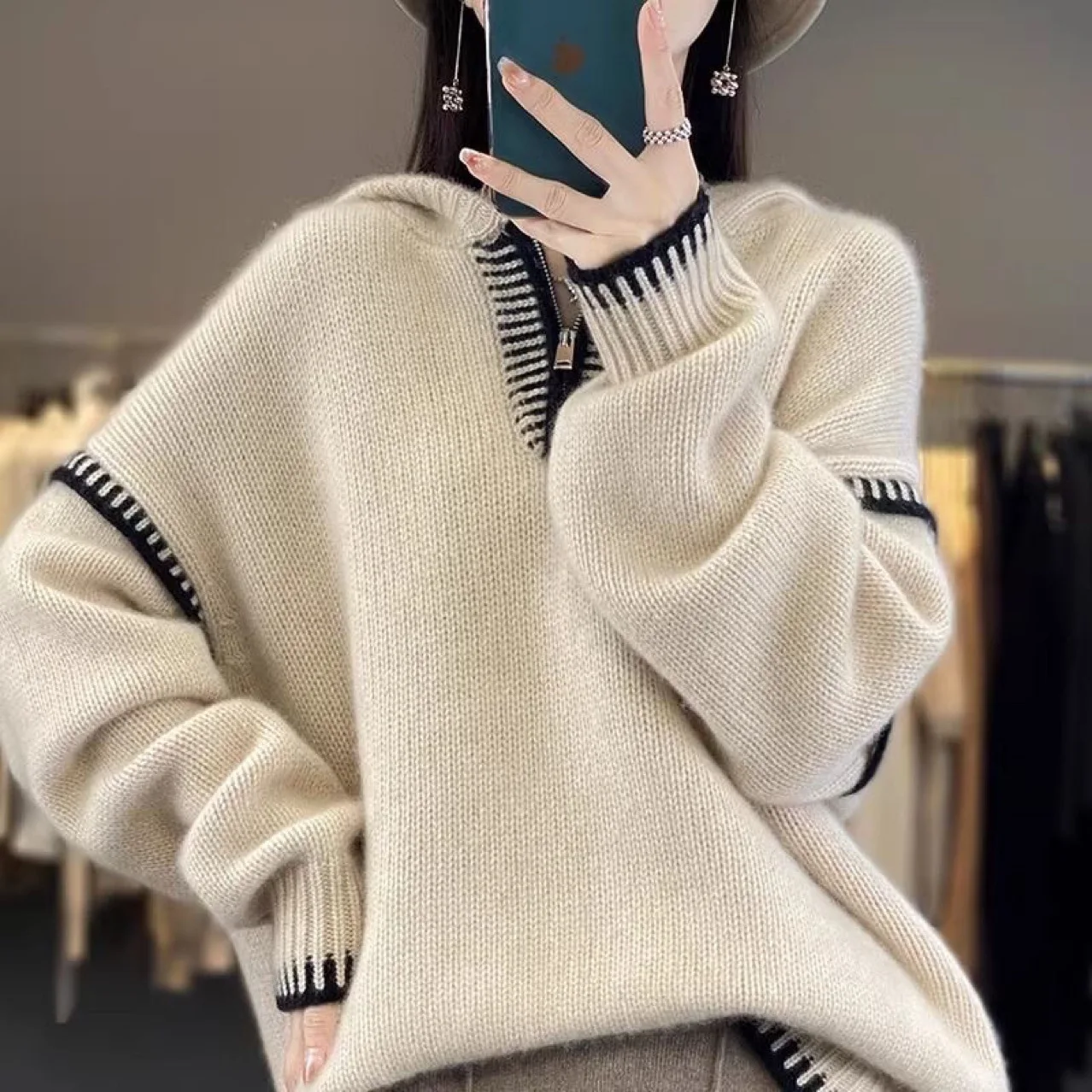 

Pullovers Women Sweaters Knitted Hooded Zipper Full Sleeve Jumpers Y2k Streetwear Elegant Splice Knit Casual Loose Spring 2026