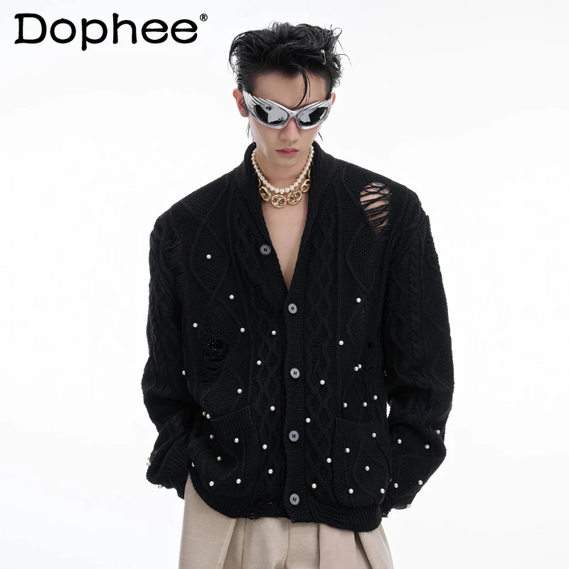 

Men's 2025 Autumn New Pearl Design Fashion Sweaters Hollow Out Cardigan Knitted Coats Male Long Sleeve Solid Color Knitted Tops