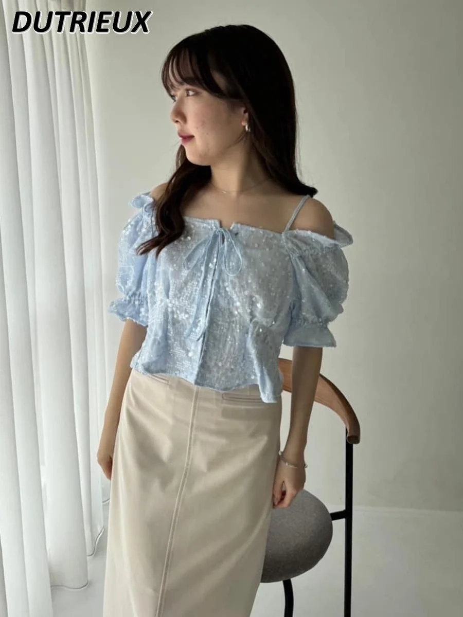 Japanese Style Summer Off-the-Shoulder Lace-up Shirt Sweet Girl Versatile Solid Color Blouse Slim Slimming Short Tops for Women