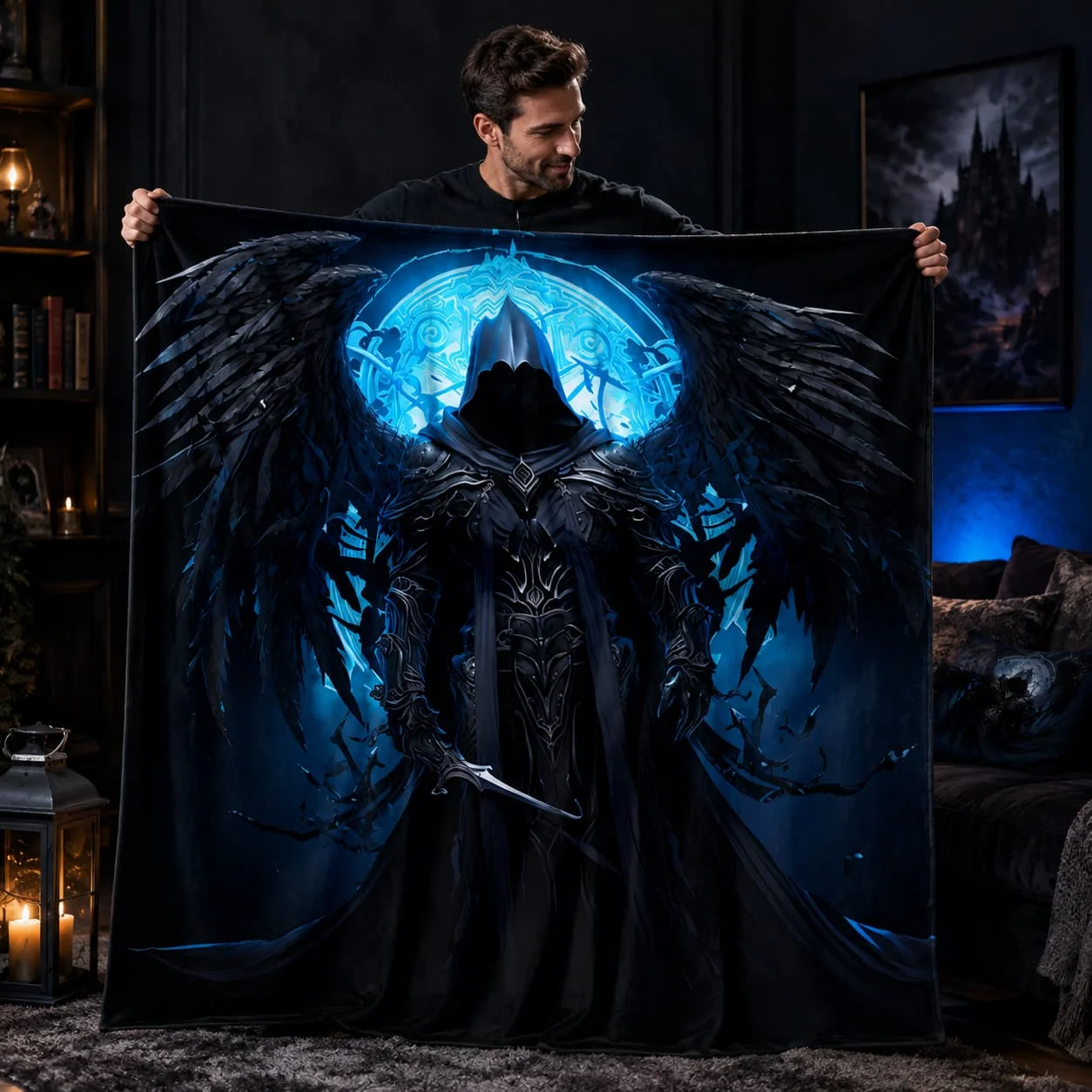 1pc Cozy Night Reaper Print Blanket - Lightweight Flannel Throw For Sofa, Bed, Travel, Camping, Living Room, Office, Couch, Chair, And Bed - Digital Printing Fleece Blanket With Soft And Warm Flannel Fabric, Gifts For Family Or Friends
