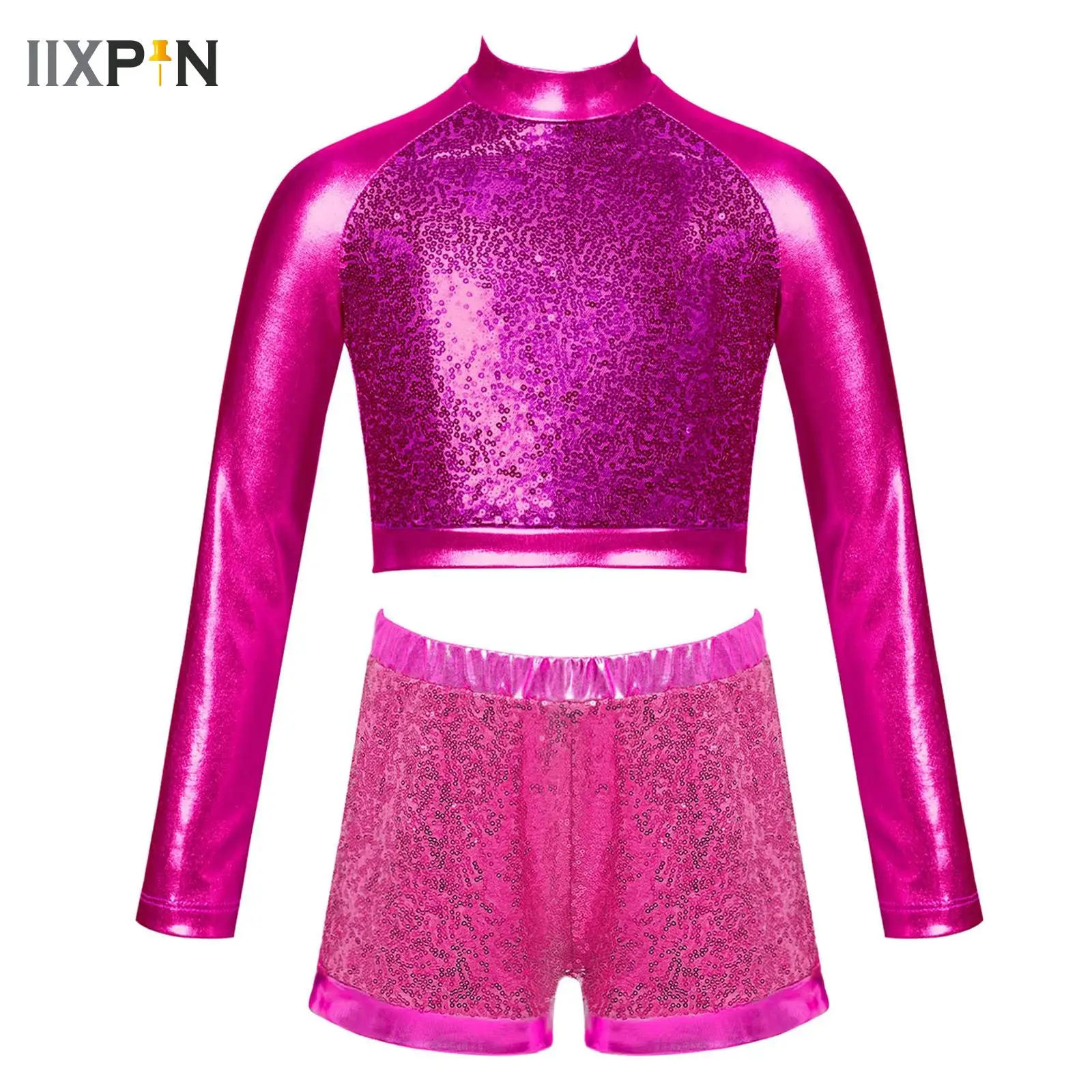 

Kids Girls Metallic Sequins Dance Stage Performance Dancewear Hip Hop Jazz Dance Competition Costume Crop Top with Shorts Sets