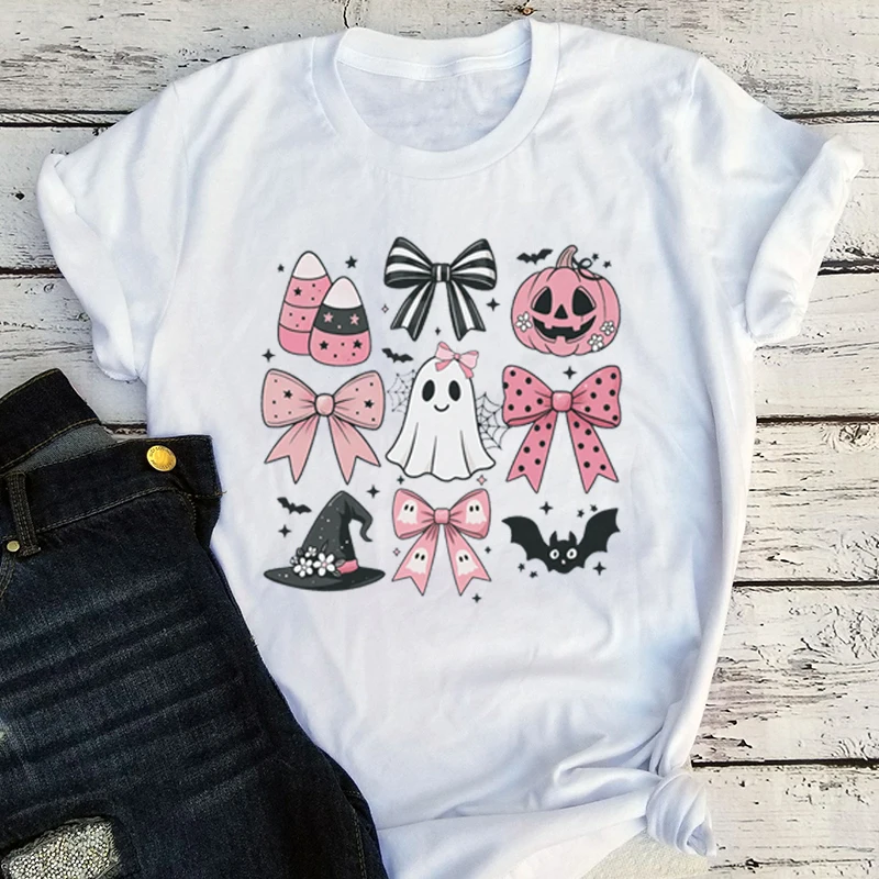 

Halloween Shirt Pink Halloween Pumpkin Ghost T-Shirt Fall Spooky Season Tee Graphic Women Clothing