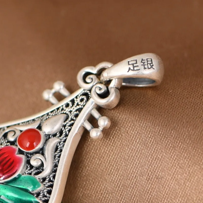 Genuine S990 Sterling Silver Pendans for Women Men Art Fashion Enamel Mandarin Duck Bird Lotus Pipa Ethnic Style Hollow Jewelry