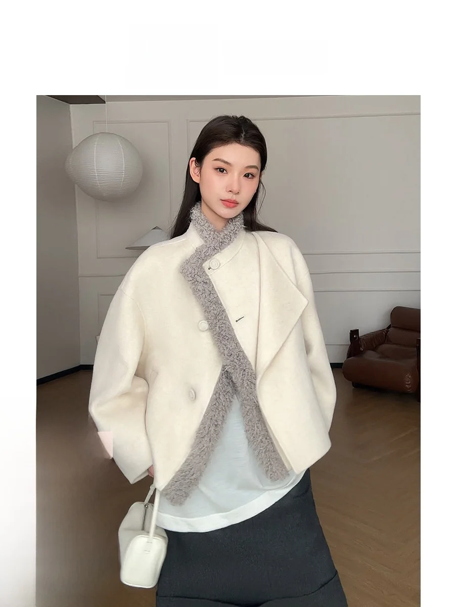 

Двустороннее шерстяное короткое пальто Vilgashiji с воротником из овечьего меха, повседневный стиль, китайский бренд, женская утепленная весенняя куртка